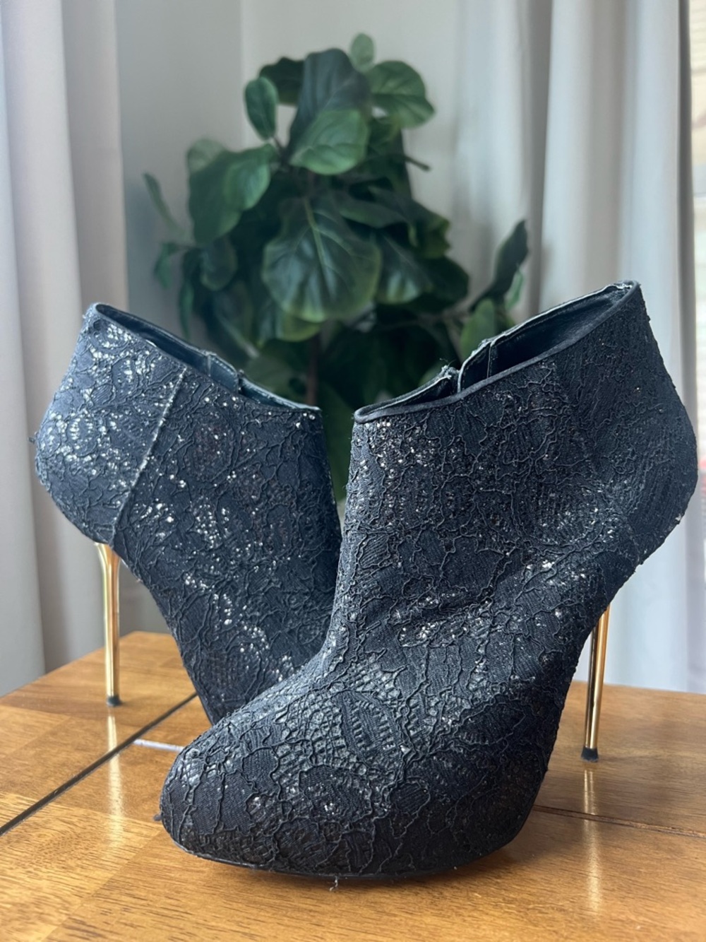 Black Lace Ankle Booties with Gold Stiletto Heel